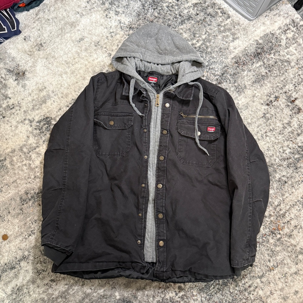 Wrangler Workwear Mens Black Canvas‎ Hooded Shirt Jacket Quilted Lined Medium